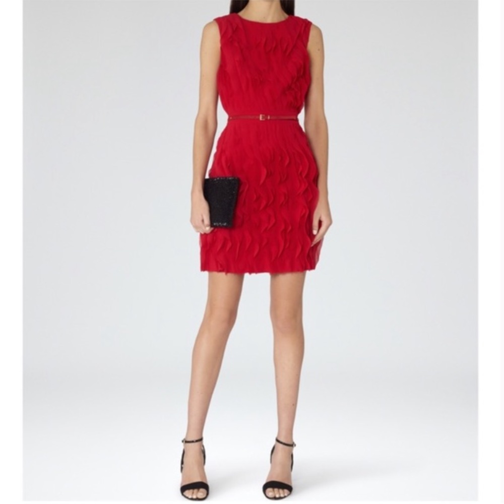 REISS Jasmine Ruffle Detail Dress in Cherry Red